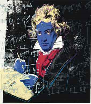 Andy Warhol print of composer Ludwig van Beethoven with unique colors of blue and red